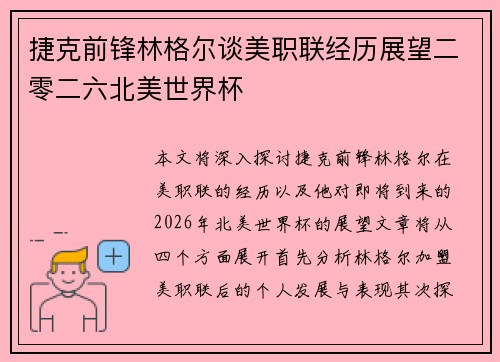 捷克前锋林格尔谈美职联经历展望二零二六北美世界杯